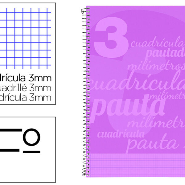 CUADERNO ESPIRAL LIDERPAPEL FOLIO PAUTAGUIA TAPA PLASTICO 80H 80GR CUADRO PAUTADO 3MM CON MARGEN COLOR VIOLETA  - QT.1