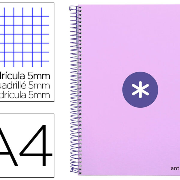 CADERNO ESPIRAL LIDERPAPEL DIN A4 ANTARTIK CAPA DURA 80 F 100 GR QUADRICULA 5 MM COM MARGEM COR LAVANDA