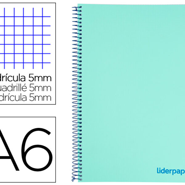 CADERNO ESPIRAL LIDERPAPEL WONDER MICRO DIN A6 CAPA PLASTICO 120 F 90 GR QUADRICULA 5MM 4 BANDAS DE CORES COR VERDE