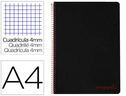CADERNO ESPIRAL LIDERPAPEL A4 WONDER CAPA PLASTICO 80F 90GR QUADRICULA 4MM COM MARGEM PRETO