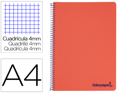 CADERNO ESPIRAL LIDERPAPEL A4 WONDER CAPA PLASTICO 80F 90GR QUADRICULA 4MM COM MARGEM VERMELHO