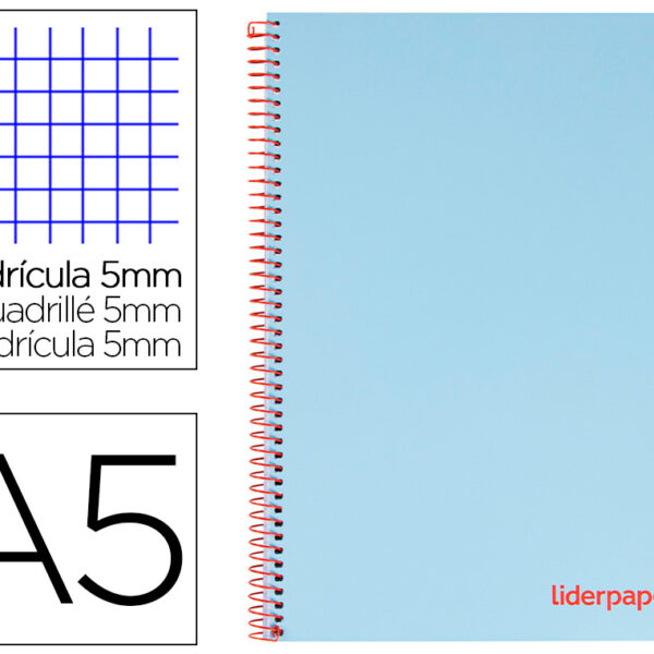 CADERNO ESPIRAL LIDERPAPEL WONDER MICRO DIN A5 CAPA PLASTICO 120 F 90 GR QUADRICULA 5MM 5 BANDAS DE CORES 6 FUROS AZUL
