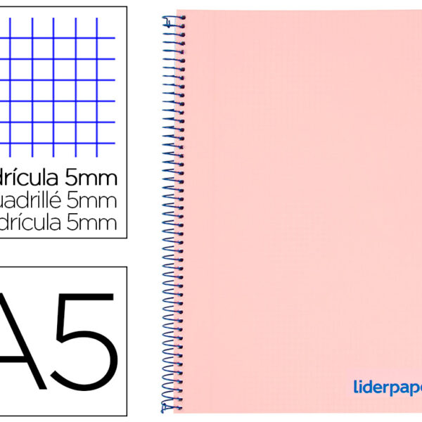 CADERNO ESPIRAL LIDERPAPEL WONDER MICRO DIN A5 CAPA PLASTICO 120 F 90 GR QUADRICULA 5MM 5 BANDAS DE CORES 6 FUROS ROSA