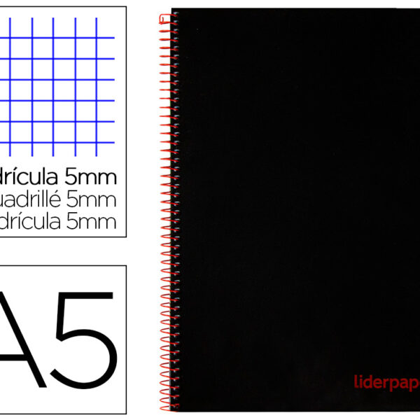 CADERNO ESPIRAL LIDERPAPEL WONDER MICRO DIN A5 CAPA PLASTICO 120 F 90 GR QUADRICULA 5MM 5 BANDAS DE CORES 6 FUROS PRETO
