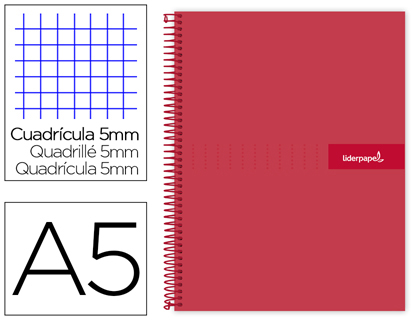 CADERNO ESPIRAL LIDERPAPEL CRAFTY MICRO DIN A5 CAPA FORRADA 120 F 90 GR QUADRICULA 5MM 5 BANDAS DE CORES 6 FUROS COR VER