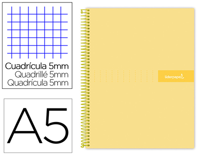 CADERNO ESPIRAL LIDERPAPEL CRAFTY MICRO DIN A5 CAPA FORRADA 120 F 90 GR QUADRICULA 5MM 5 BANDAS DE CORES 6 FUROS COR AMA