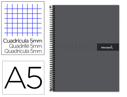 CADERNO ESPIRAL LIDERPAPEL CRAFTY MICRO DIN A5 CAPA FORRADA 120 F 90 GR QUADRICULA 5MM 5 BANDAS DE CORES 6 FUROS COR PRE