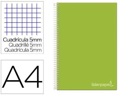 CADERNO ESPIRAL LIDERPAPEL JOLLY MICRO DIN A4 CAPA FORRADA 140 F 75 GR QUADRICULA 5MM 5 BANDAS DE CORES 4 FUROS COR VERD