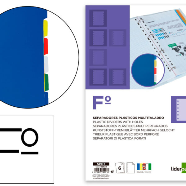 SEPARADOR LIDERPAPEL EM PLASTICO CONJUNTO DE 6 SEPARADORES FOLIO 16 FUROS