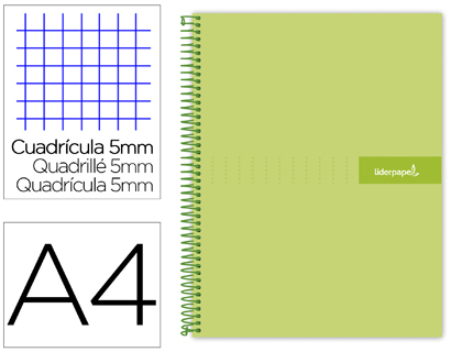 CADERNO ESPIRAL LIDERPAPEL CRAFTY MICRO DIN A4 CAPA FORRADA 120 F 90 GR QUADRICULA 5 MM 5 BANDAS DE CORES 4 CORES COR VE