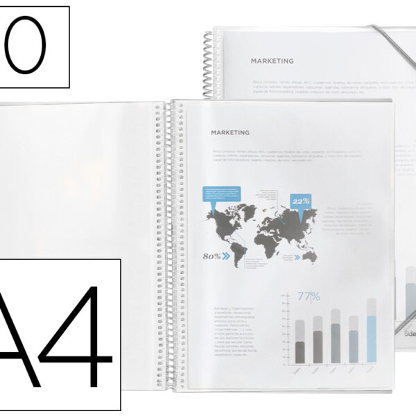 CAPA CATALOGO LIDERPAPEL COM ESPIRAL 20 BOLSAS POLIPROPILENO DIN A4 TRANSPARENTE