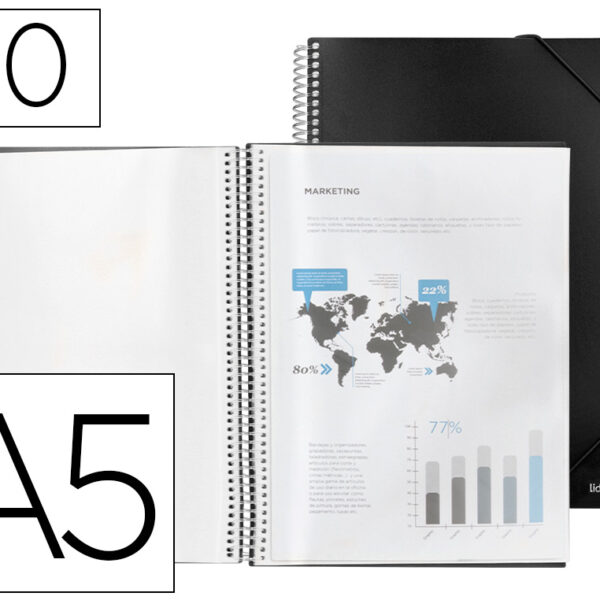 CAPA CATALOGO LIDERPAPEL COM ESPIRAL 20 BOLSAS POLIPROPILENO DIN A5 PRETO OPACO