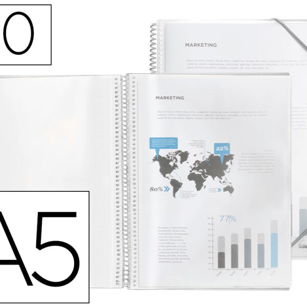 CAPA CATALOGO LIDERPAPEL COM ESPIRAL 20 BOLSAS POLIPROPILENO DIN A5 TRANSPARENTE