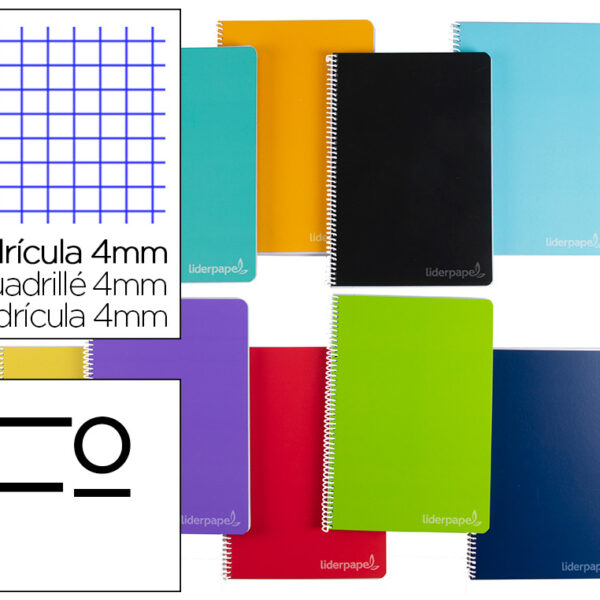 CUADERNO ESPIRAL LIDERPAPEL DIN A4 WITTY TAPA DURA 140H 75GR CUADRO 4MM CON MARGEN COLORES SURTIDOS  - QT.1