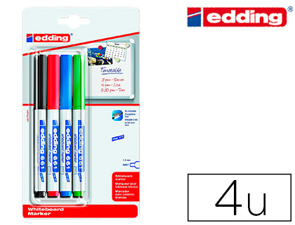 MARCADOR EDDING PARA QUADRO BRANCO 661 PONTA REDONDA 1-2 MM BLISTER DE 4 UNIDADES COLORES SORTIDAS RECARREGAVEL
