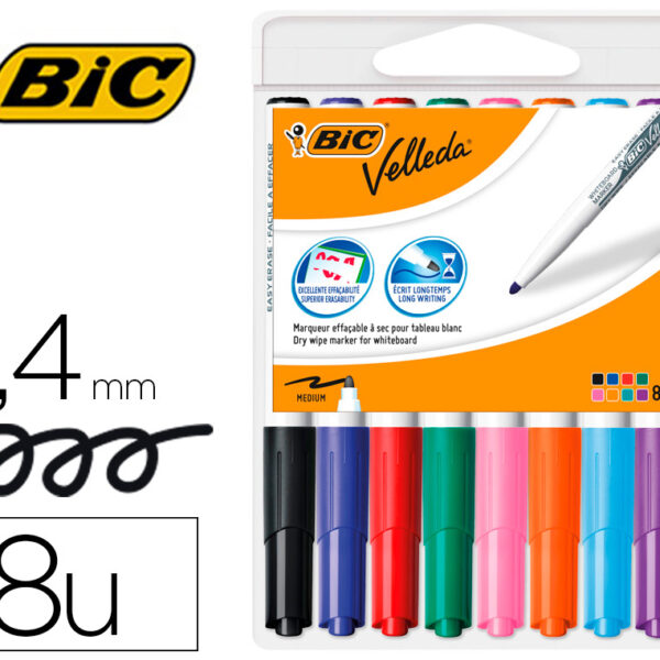 MARCADOR BIC VELLEDA PARA QUADRO PONTA REDONDA 2 MM BOLSA DE 8 UNIDADES CORES SORTIDAS