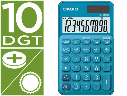 CALCULADORA CASIO SL-310UC-BU BOLSO 10 DIGITOS TAX +/- TECLA DUPLO ZERO COR AZUL