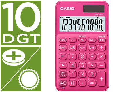 CALCULADORA CASIO SL-310UC-RD BOLSO 10 DIGITOS TAX +/- TECLA DUPLO ZERO COR FUCSIA