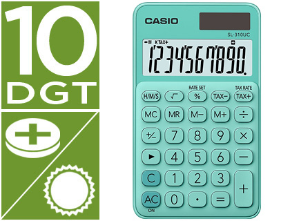 CALCULADORA CASIO SL-310UC-GN BOLSO 10 DIGITOS TAX +/- TECLA DUPLO ZERO COR VERDE