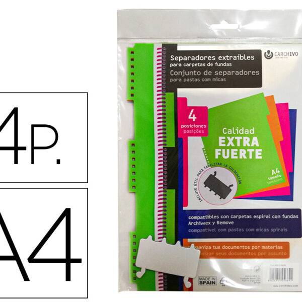 SEPARADOR CARCHIVO POLIPROPILENO EXTRA RIGIDO DIN A4 500 MC MULTIFUROS EXTRAIVEL CONJUNTO DE 4 POSICOES