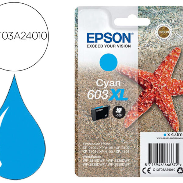 TINTEIRO EPSON 603XL XP-2100 / 2105 / 3100 / 4100 / WF-2810 / 2830 / 2835 / 2850 CIAN 350 PAGINAS