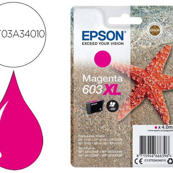 TINTEIRO EPSON 603XL XP-2100 / 2105 / 3100 / 4100 / WF-2810 / 2830 / 2835 / 2850 MAGENTA 350 PAGINAS