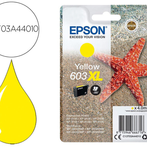 TINTEIRO EPSON 603XL XP-2100 / 2105 / 3100 / 4100 / WF-2810 / 2830 / 2835 / 2850 AMARELO 350 PAGINAS