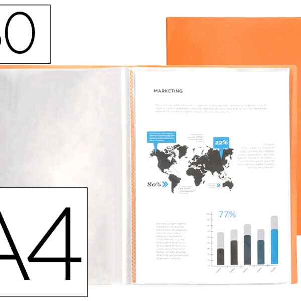 CAPA CATALOGO LIDERPAPEL 60 BOLSAS POLIPROPILENO DIN A4 LARANJA FLUOR OPACO