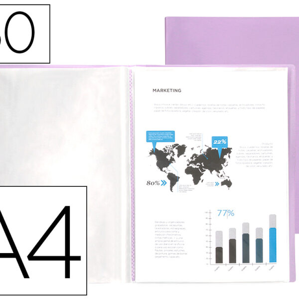 CAPA CATALOGO LIDERPAPEL 60 BOLSAS POLIPROPILENO DIN A4 LAVANDA OPACO