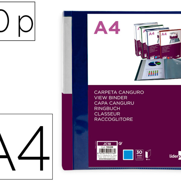 PASTA CANGURU LIDERPAPEL 30 BOLSAS POLIPROPILENO DIN A4 AZUL TRANSLUCIDO CAPA E LOMBADA PERSONALIZAVEL