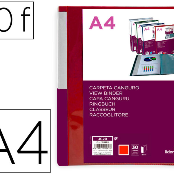 PASTA CANGURU LIDERPAPEL 30 BOLSAS POLIPROPILENO DIN A4 VERMELHO TRANSLUCIDO CAPA E LOMBADA PERSONALIZAVEL