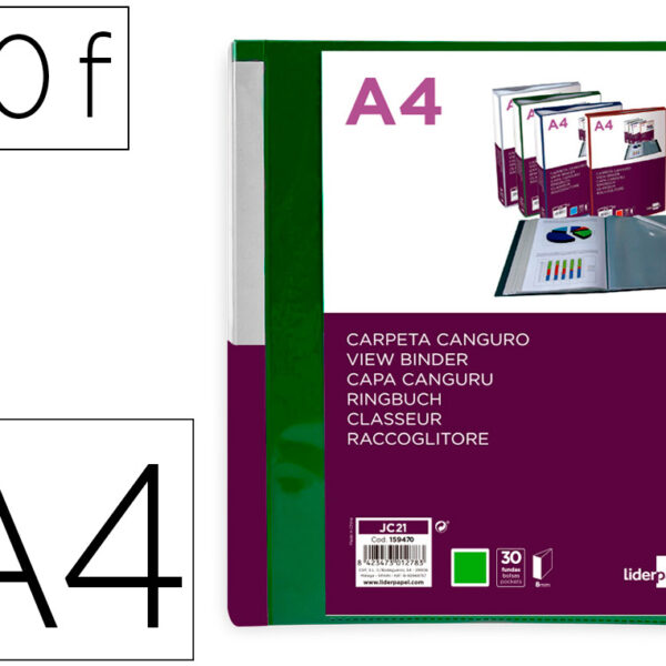 PASTA CANGURU LIDERPAPEL 30 BOLSAS POLIPROPILENO DIN A4 VERDE TRANSLUCIDO CAPA E LOMBADA PERSONALIZAVEL