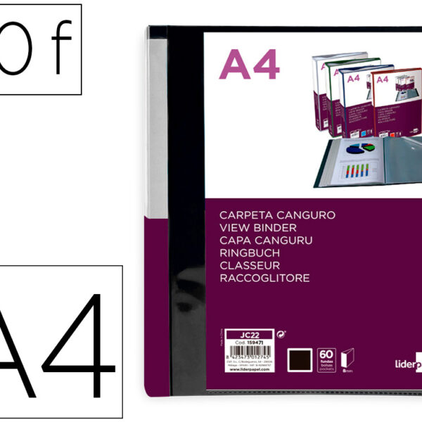 PASTA CANGURU LIDERPAPEL 60 BOLSAS POLIPROPILENO DIN A4 PRETO OPACO CAPA E LOMBADA PERSONALIZAVEL