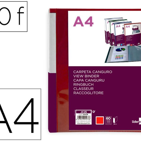 PASTA CANGURU LIDERPAPEL 60 BOLSAS POLIPROPILENO DIN A4 VERMELHO TRANSLUCIDO CAPA E LOMBADA PERSONALIZAVEL