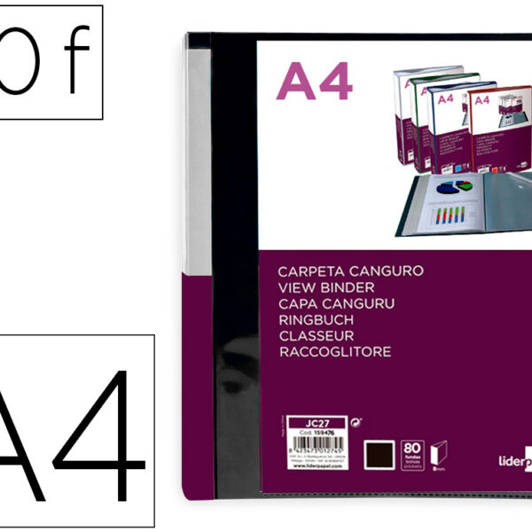 PASTA CANGURU LIDERPAPEL 80 BOLSAS POLIPROPILENO DIN A4 PRETO OPACO CAPA E LOMBADA PERSONALIZAVEL