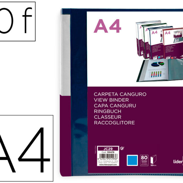 PASTA CANGURU LIDERPAPEL 80 BOLSAS POLIPROPILENO DIN A4 AZUL TRANSLUCIDO CAPA E LOMBADA PERSONALIZAVEL