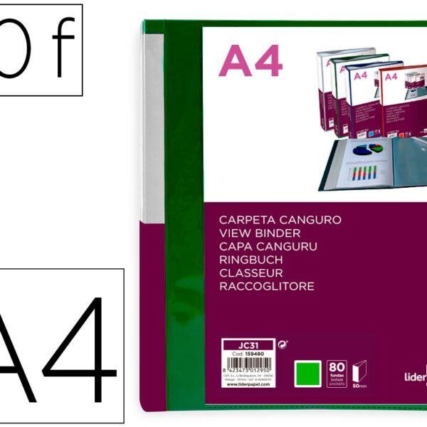 PASTA CANGURU LIDERPAPEL 80 BOLSAS POLIPROPILENO DIN A4 VERDE TRANSLUCIDO CAPA E LOMBADA PERSONALIZAVEL