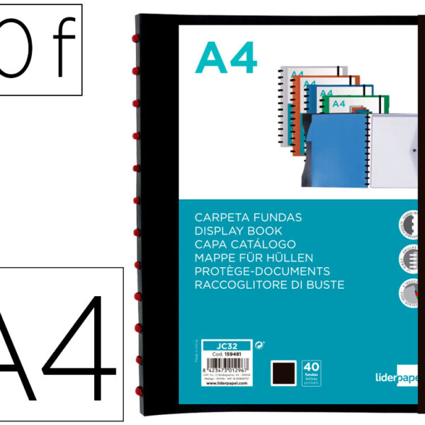 PASTA LIDERPAPEL A4 COM 40 BOLSAS INTERCAMBIAVEIS 5 SEPARADORES ENVELOPE E ELASTICO CAPA E LOMBADA PERSONALIZAVEL PRETO