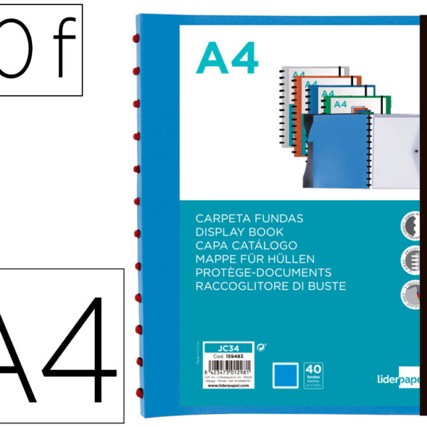 PASTA LIDERPAPEL A4 COM 40 BOLSAS INTERCAMBIAVEIS 5 SEPARADORES ENVELOPE E ELASTICO CAPA E LOMBADA PERSONALIZAVEL AZUL T