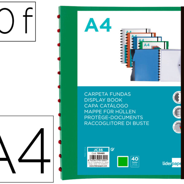 PASTA LIDERPAPEL A4 COM 40 BOLSAS INTERCAMBIAVEIS 5 SEPARADORES ENVELOPE E ELASTICO CAPA E LOMBADA PERSONALIZAVEL VERDE