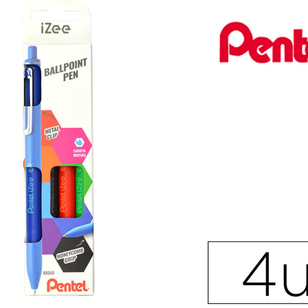 CONJUNTO COM 4 ESFEROGRAFICAS PENTEL IZEE PONTA DE 1,0MM RETRATEIS CORES AZUL PRETO VERMELHO E VERDE