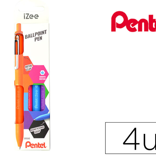 CONJUNTO COM 4 ESFEROGRAFICAS PENTEL IZEE PONTA DE 1,0MM RETRATEIS CORES LARANJA AZUL CEUROSA E VIOLETA