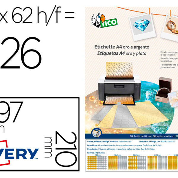 ETIQUETA ADESIVA AVERY TICO PAPEL ACETINADO OURO / PRATA LASER MEDIDAS SORTIDAS PACK DE 626 ETIQUETAS
