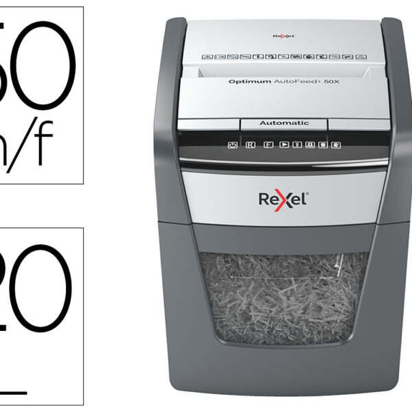 DESTRUIDORA DE DOCUMENTOS REXEL OPTIMUM AUTOFEED+ 50X EU CAPACIDADE DE CORTE 50 FOLHAS DESTROI AGRAFES E CLIPS 20 LITROS