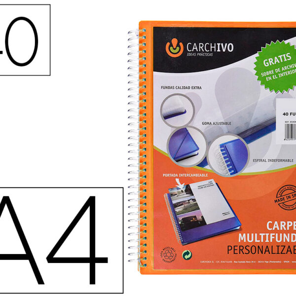 CAPA CATALOGO CARCHIVO ARCHIVEX POLIPROPILENO CANGURO COM ESPIRAL 40 BOLSAS FECHO ELASTICO DIN A4 LARANJA