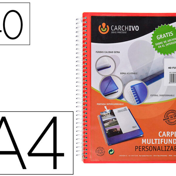 CAPA CATALOGO CARCHIVO ARCHIVEX POLIPROPILENO CANGURO COM ESPIRAL 40 BOLSAS FECHO ELASTICOS DIN A4 VERMELHO
