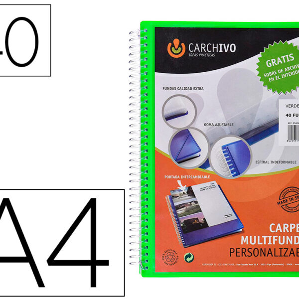 CAPA CATALOGO CARCHIVO ARCHIVEX POLIPROPILENO CANGURO COM ESPIRAL 40 BOLSAS FECHO ELASTICOS DIN A4 AZUL TURQUESA