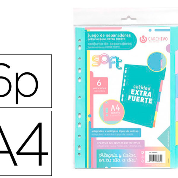 SEPARADOR CARCHIVO POLIPROPILENO SOFT EXTRA FORTE DIN A4 MULTIPERFURADO CONJUNTO DE 6 POSICOES