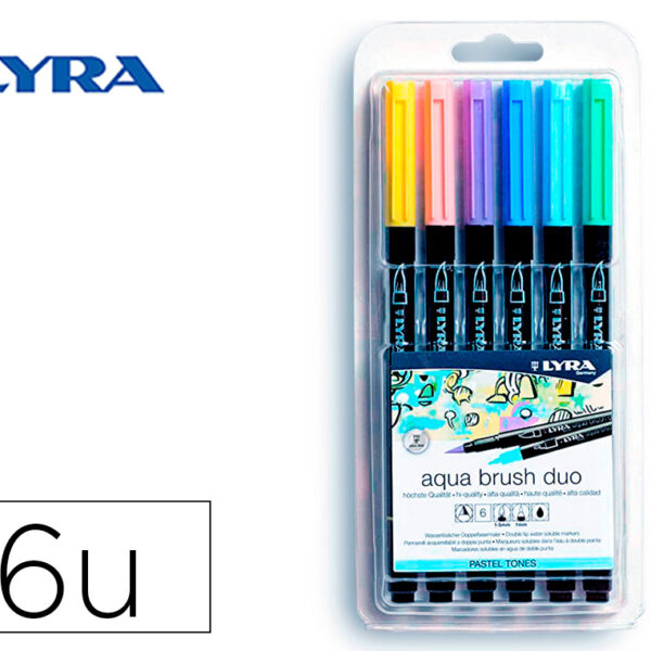 MARCADOR LYRA AQUA BRUSH AGUARELAVEL DUPLA PONTA E PINCEL TONS PASTEL BLISTER DE 6 UNIDADES SORTIDAS