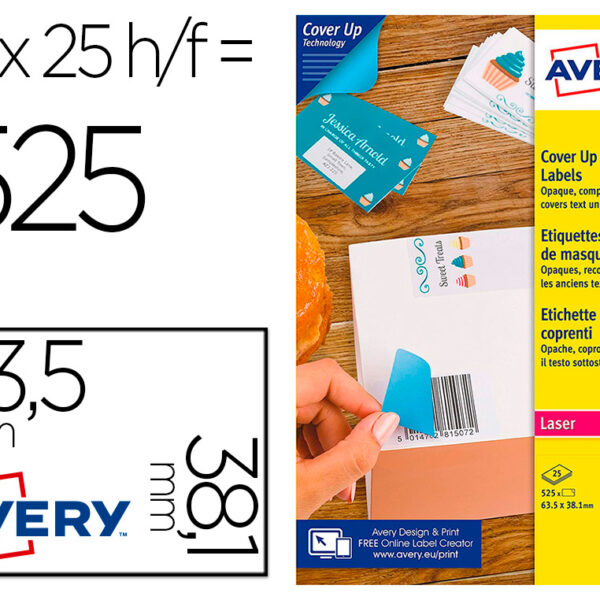 ETIQUETA ADESIVA AVERY PERMANENTE PARA IMPRESSORA LASER BRANCA 63,5X38,1 MM CAIXA DE 525 UNIDADES